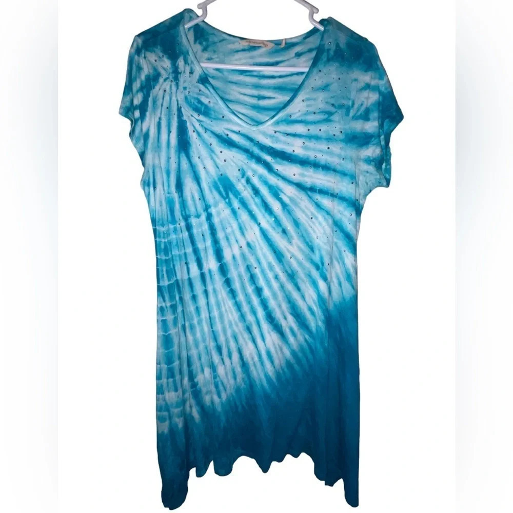 SOFT SURROUNDINGS Tunic Mira Costa Turquoise Tie Dye Size Medium Boho Rhinestone